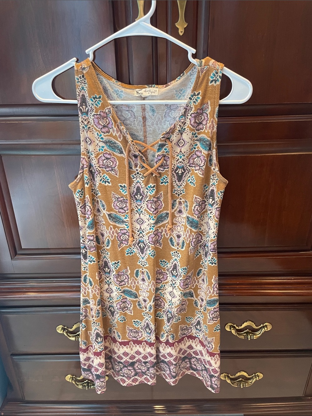 About A Girl Mustard Floral Lace-Up Tank Dress
